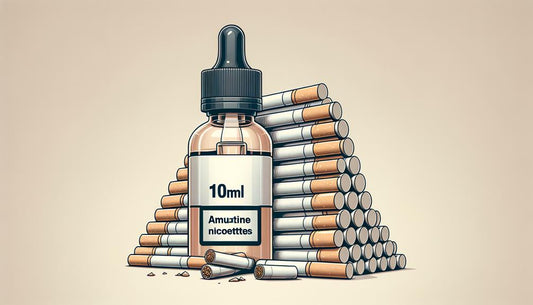10ml e-liquid bottle in front of a stack of cigarretes