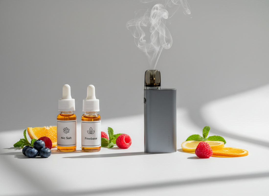 a modern pod vape device placed on a clean light grey background. Two small e-liquid bottles beside it,