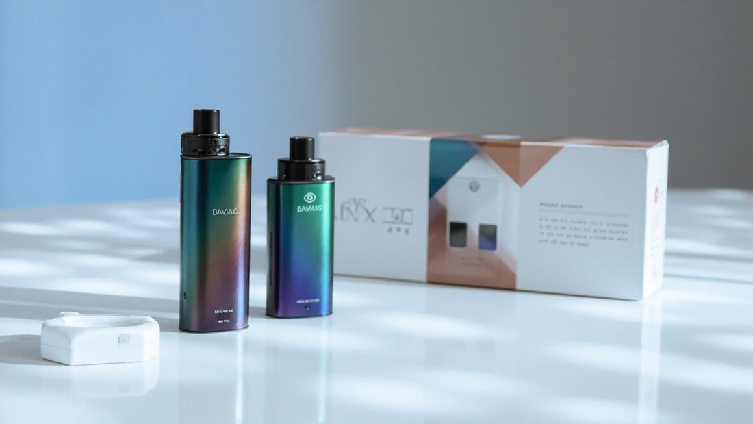 sleek vape kit with e-liquids and nic salts on clean surface