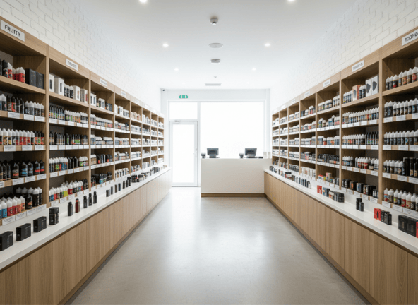 UK vape shop shelves showing e-liquid bottles affected by the new Vaping Products Duty