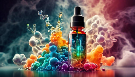 e-liquid bottle in colourful clouds