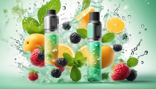 bottles of e-liquid against a background of fresh fruits