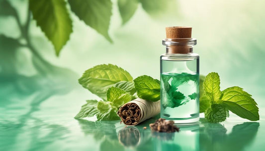 Image featuring bottle of liquid next to rolled tobacco leaves